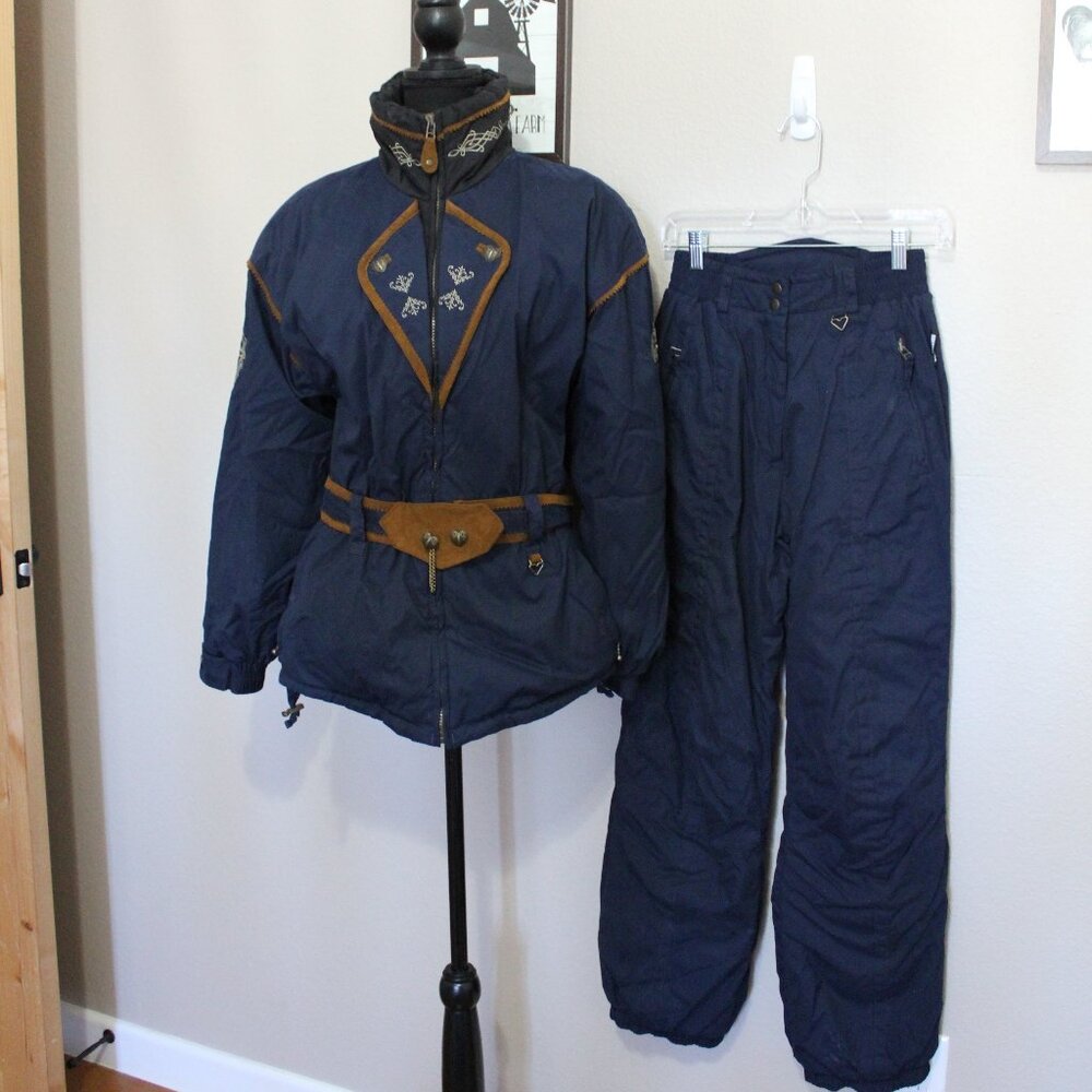 Obermeyer Womens Vintage Ski Jacket and Pants Size 10 Blue Brown Faux Suede 80's